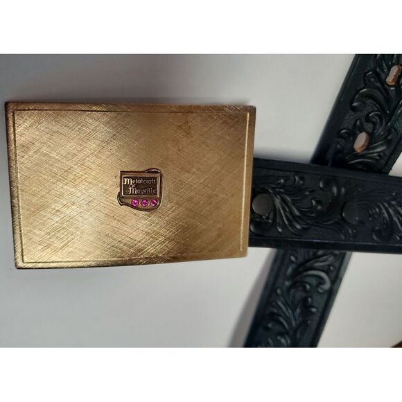 Tony Lama Belt Blk 30 w/ VTG Metalcraft Mayville Brushed Gold Buckle w/ Gems USA - Picture 3 of 16